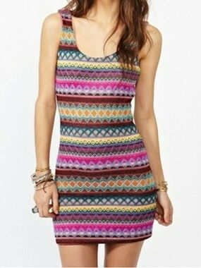 Estam Boho Tribal Print Bodcon Scoop Neck Midi Dress